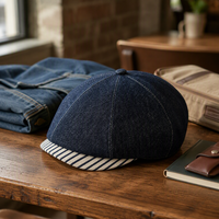 Topi Newsboy Denim Hitam 100% Katun dengan Pinggiran Warna Kontras, Topi Flat Cabbie 8 Panel, Baret Unisex Vintage untuk Pria Wanita