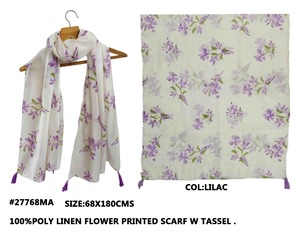 Écharpe en lin polyéthylène à motif floral de style ethnique, châle léger imprimé de fleurs avec pompons pour femme, usage quotidien - Product Image 2