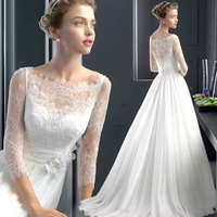 NDB11021 Nouvelle Robe de Mariée Longue en Chiffon avec Traîne, Manches Longues en Dentelle Française, pour Demoiselle d'honneur et Femme
