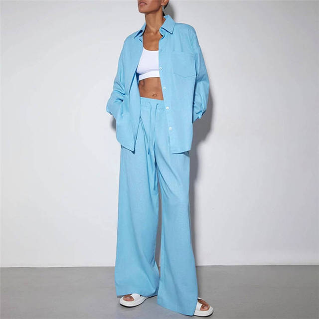 Stylish Women's Co Ords Suits Casual 2 Piece Long Sleeve and Wide Leg Pants Sets Soild Color Cotton Linen Two Piece Set Women