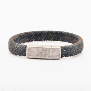 High Quality Stainless Steel Clasp Antique Silver Genuine Leather Bracelet