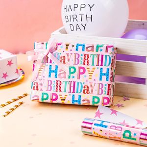 Pink Birthday Wrapping Paper Roll 17in x 16.5ft Double Sided Colorful Letters Stars Reversible Gift <b>Wrap</b> - Product Image 3