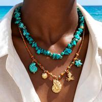 Collier superposé de perles turquoise, style bohème, avec pendentifs coquillages, étoiles de mer et crabes, pour femmes, vente en gros de bijoux