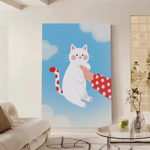 Impression sur toile murale Chat blanc mignon, queue à pois, main à manches rouges, ciel bleu et nuages, décor de chambre d'enfant fantaisiste pour la maison et le salon - Product Image 4