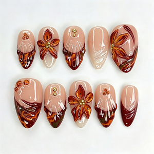 30 Uñas Postizas con Diseño de Almendra, Otoño Invierno, Estampado de Leopardo 3D, Acabado Floral, para Manicura DIY, Uso Diario y Fiestas - Product Image 1