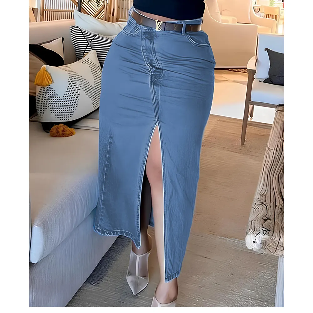 damen damen individuelle streetwear sommer retro midi lang lässig hoher schlitz saum lang denim blau jeans röcke für damen