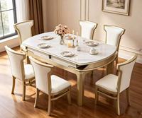 Ensemble de table à manger ovale extensible moderne de luxe en marbre, 6 chaises en cuir crème, structure dorée, meubles de maison durables en kit