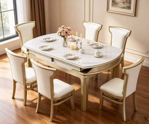 Luxury <b>Extendable</b> Marble <b>Dining</b> <b>Table</b> Set, 6 Seater with Cream Leather Chairs & Gold Frame - Product Image 4