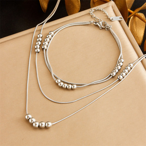 Stainless Steel Double Layer Beaded Chain Necklace <b>Bracelet</b> <b>Set</b> Unisex Everyday Wear Gold Silver - Product Image 2