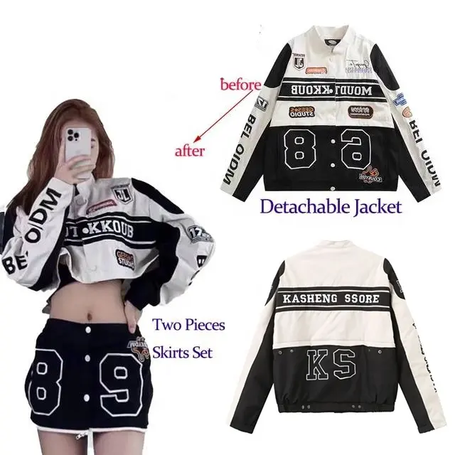 Fashion Detachable Jacket Letter Printing Button Fall Jackets Two Piece Skirt Set For Women Motorcycle Style