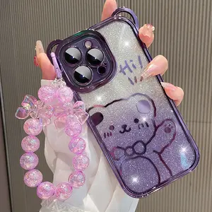 Trendy Brand Transparent Glitter Teddy Bear Anti-Drop Phone Case for iPhone 15 14 13 12 11 Pro Max Cute TPU Protector Bracelet