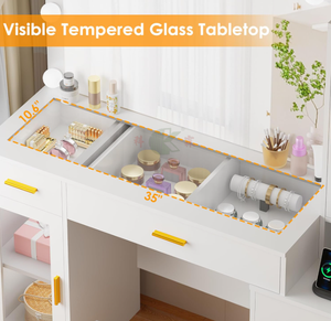 Table de toilette de 49,2 pouces avec miroir et éclairage LED, bureau de maquillage blanc avec plateau en verre, tabouret, prise de courant et <span class=keywords><strong>5</strong></span> <span class=keywords><strong>tiroirs</strong></span> pour chambre à coucher - Product Image 5