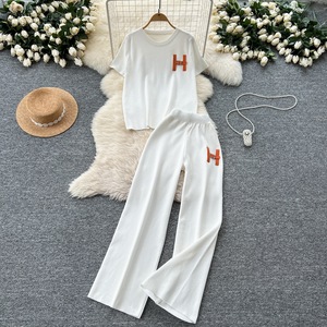 <strong>Women's</strong> Solid Casual Two Piece Pants Set <strong>Short</strong> Sleeve Top and Wide Leg <strong>Trousers</strong> with Metal Decor Elegant Loungewear Suit - Product Image 3