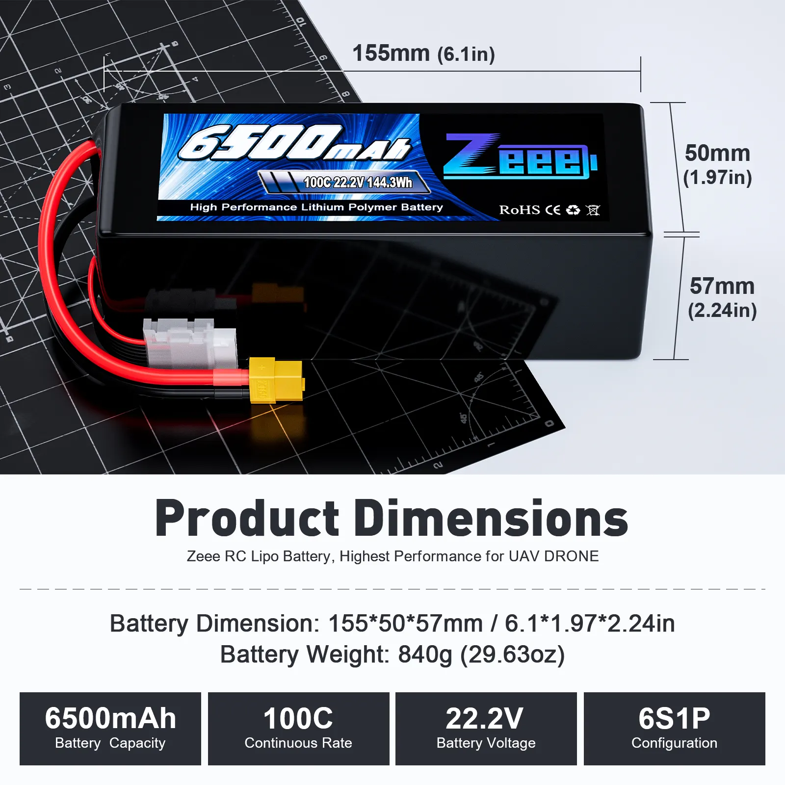 Zeee FPV Drohnenbatterie 6S Lipo Batterie 6500 mah 100C 22,2V XT60 FPV-Batterie für FPV Landwirtschaft Drohne Mehrfachachsen-UAV