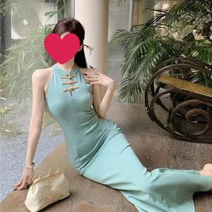 Traditional Chinese Cheongsam Dress Women Solid Color Fishtail Silhouette Party Wear Blue And Black - Product Image 5