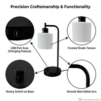 Lampe de bureau noire moderne avec alimentation secteur, base E26, double ports USB, abat-jour en verre dépoli, intensité réglable pour chambre d'hôtel et table de chevet