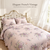 Parure de lit style pastoral à fleurs violettes, 3 pièces, housse de couette à volants, couvre-lit doux en pur coton pour chambre de filles