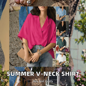 RNSHANGER Camiseta de Verano para Mujer, Manga Corta, Cuello en V, Elegante, Plisada, Holgada, de Color Sólido, Transpirable, Tejida - Product Image 2