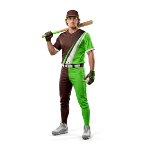 Ensemble d'uniformes de baseball personnalisés sublimés unisexe, vert et marron, maillot et pantalon à blocs de couleur, manches courtes, col en V, 100 % polyester, anti-humidité - Product Image 1