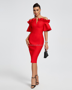 Ocstrade Trending Products <span class=keywords><strong>Vestido</strong></span> de cóctel elegante para mujer Diseño de orillo fibroso Manga corta Slim Fit Vestidos de vendaje rojos 2024 - Product Image 1