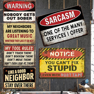 Ensemble de panneaux métalliques humoristiques rustiques avec des règles pour les outils musicaux des voisins et un avertissement de sarcasme pour la décoration murale de la cave, du garage ou du bar - Product Image 2