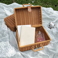 Boîte de rangement vintage en rotin tressé à la main, boîte décorative pour cadeaux, souvenir, accessoire de photographie, organisateur ménager