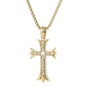 yunnique <b>Cross</b> Pendant Necklace Gold Tone Zinc Alloy Pave Setting Crystal Inlay 60cm <b>Chain</b> Unisex Fashion Jewelry - Product Image 1