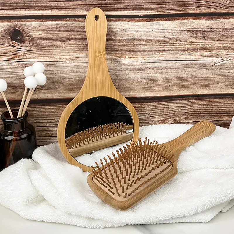 Spazzola per capelli con Airbag a paletta con setole in legno di bambù naturale OEM e Set di specchi spazzola per capelli districante per massaggio pettine per Airbag per cuoio capelluto