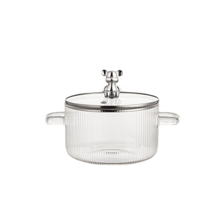 หม้อแก้วใสพร้อมหูจับคู่ ฝาปิดลายหมีน่ารัก หม้อสุขภาพลายทาง ใช้กับเตาไฟฟ้าได้ ปลอดภัยสำหรับทำบะหมี่และนม - Product Image 1