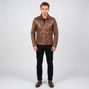 High Quality Breathable Vintage Style <b>Zip</b>-<b>Up</b> Leather <b>Jacket</b> for Men 100% Genuine Brown Leather Autumn Warm Turn-Down Collar - Product Image 1