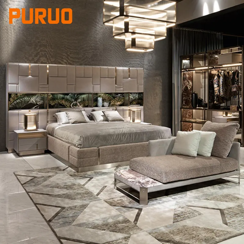 PURUO फैक्टरी मूल्य आधुनिक डिजाइन राजा रानी गर्म बिक्री कपड़े चमड़े बिस्तर