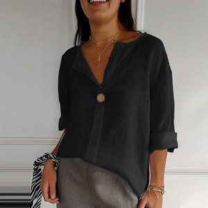 2025 nouveau Style européen et américain col en v coton <span class=keywords><strong>lin</strong></span> boutonné <span class=keywords><strong>chemise</strong></span> pour femmes ample grande taille rétro confortable haut décontracté - Product Image 4