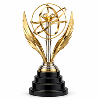 Trophée sportif en alliage de zinc Pinion, avec ailes dorées sur un tige argentée, couronne orbitale, écologique, poli, pour cadeaux promotionnels
