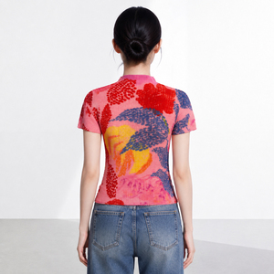 Women's Short Sleeve Loose Casual Fit Knitted Chiffon Pleated T-shirt Turtleneck Floral Print Eco-Friendly Vintage Breathable - Product Image 5