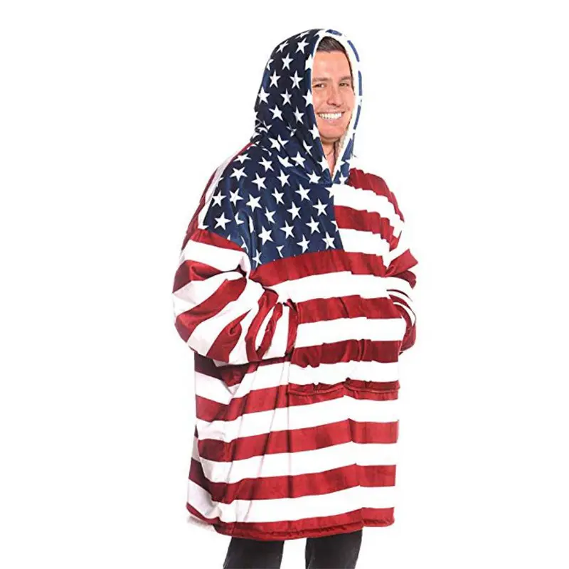 Sıcak satış özel kış sıcak giyilebilir kamuflaj kırmızı siyah ızgara amerikan bayrağı leopar Hoodie battaniye