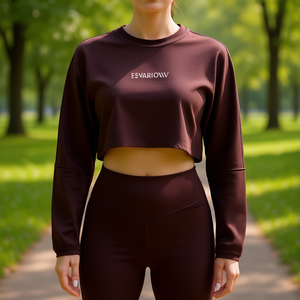 Women Summer <b>Crop</b> Top Long Sleeve Sweatshirt Set Breathable Quick Dry Yoga Workout Wear Spandex Nylon Solid Color Crew Neck Pull - Product Image 2