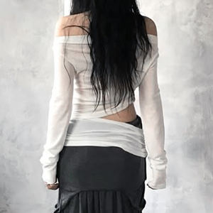 Elegante Top sin Mangas con Hombros Descubiertos y Manga Larga con Detalle Recortado - Ajuste Delgado - Impresión Digital Comprimida - Color Sólido - Camiseta Básica - Product Image 4