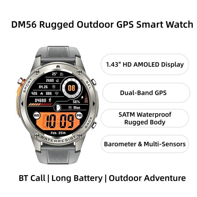 2026 DM56 GPS Smart Watch,1.43" AMOLED Display Dual-band GPS 170+ Sports Modes 5ATM Waterproof Outdoor Altimeter & Barometer