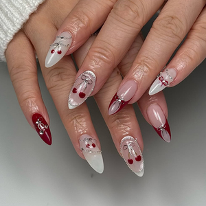Faux ongles de luxe réutilisables de haute qualité vente en gros de <span class=keywords><strong>gel</strong></span> souple personnalisé cerise conception <span class=keywords><strong>rouge</strong></span> fait à la main <span class=keywords><strong>strass</strong></span> presse sur les ongles ensemble - Product Image 1