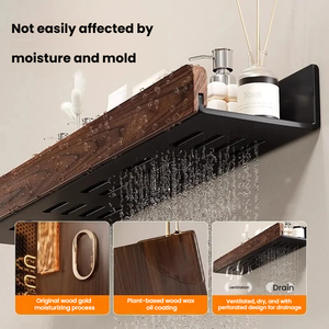 Rak Dinding Kamar Mandi <span class=keywords><strong>Aluminium</strong></span> Kayu Walnut Grosir, Tanpa Bor, Pemasangan Sekrup, Rak Pengering, Organizer untuk Perlengkapan Mandi - Product Image 4