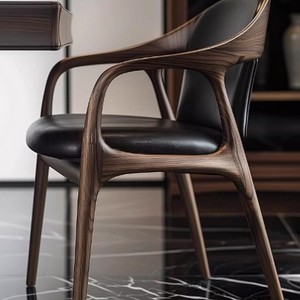 Poltrona <span class=keywords><strong>in</strong></span> Legno Stile Nordico Minimalista, Sedia con Schienale <span class=keywords><strong>in</strong></span> Pelle e Legno Massello di <span class=keywords><strong>Noce</strong></span> per Casa - Product Image 4