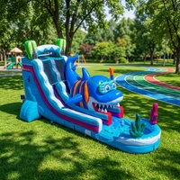 Toboggan aquatique gonflable commercial de 18 pieds sur le thème des requins avec piscine à éclaboussures et zone de saut, toboggan gonflable d'extérieur pour location événementielle