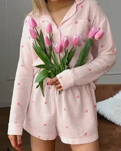 2024 son yüksek kalite 100% pamuk kadın pijama Set kalp baskı sevgililer pijama