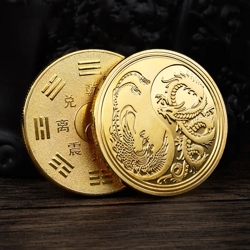 Metallo cina Ying Yang monete drago e fenice Tai Chi incidere 24k placcato in oro