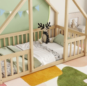 Estructura de <span class=keywords><strong>Cama</strong></span> <span class=keywords><strong>Doble</strong></span> con Barandillas en Forma de Techo de Casa, Construcción de Madera, Diseño <span class=keywords><strong>Montessori</strong></span>, Color Natural - Product Image 2