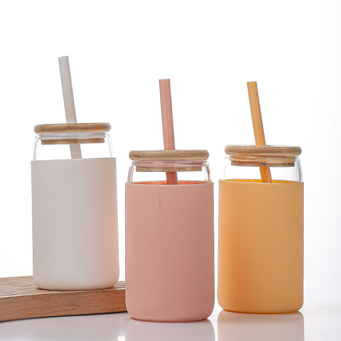 Online Hot Drinking Can Shaped Glasses Set Glass Tumbler With Silicone Sleeve Elegant Drinkware Glasses Cup Set