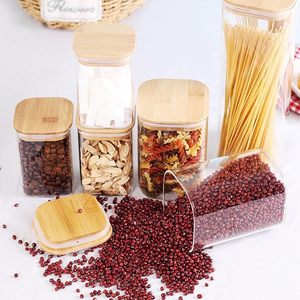 Clear Glass Microwavable Airtight Pressed Food Storage Container Bamboo Lids <b>Canister</b> <b>Set</b> for Kitchen Use Pasta Flour Cereal - Product Image 6