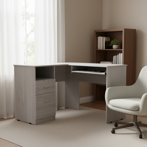 Deposito E-SHOP scrivania per Computer a forma di L grigio chiaro con vassoio per tastiera due cassetti uno scaffale aperto serie Idra - Product Image 2