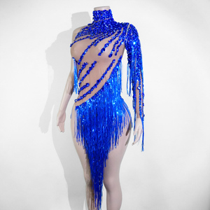 Combinaison sexy bleu royal à franges de paillettes, une manche asymétrique, pour danse de salon, pole dance, burlesque, <span class=keywords><strong>costume</strong></span> de drag queen professionnel - Product Image 6