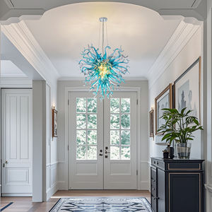 Lampe LED suspendue en verre soufflé à la main, composé de chaînes, design moderne, éclairage d'intérieur, luminaire décoratif de plafond, couleur gris et bleu, idéal pour un salon ou une Table - Product Image 4